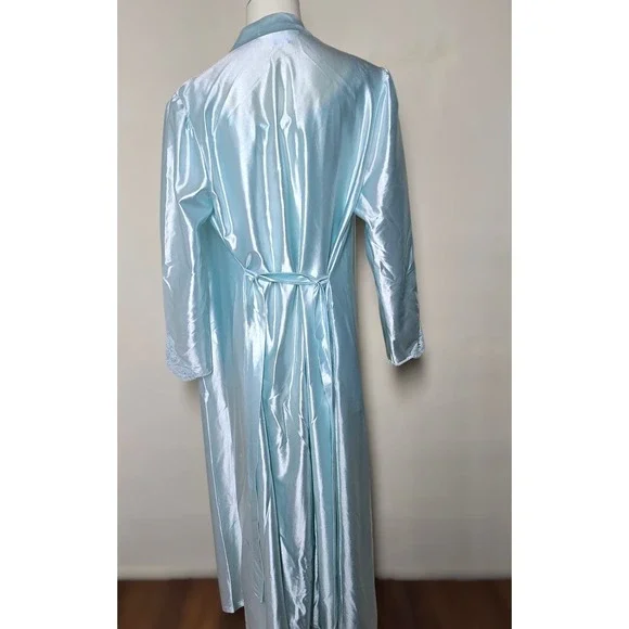 Lorraine 1970s Vintage Baby Blue Satin Lace Nightgown Robe Set Medium